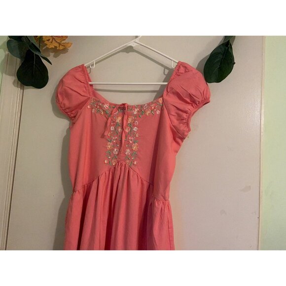 Blueberi Boulevard Coral Pink Midi Dress Puff Sleeve Embroidered Floral Cottagec - Picture 8 of 13